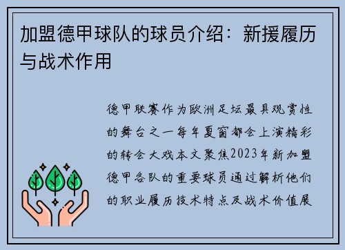 加盟德甲球队的球员介绍：新援履历与战术作用