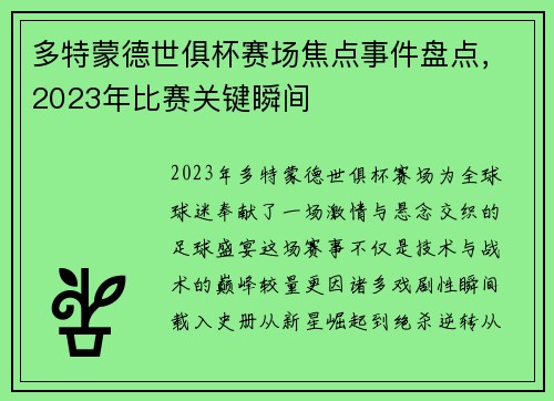 多特蒙德世俱杯赛场焦点事件盘点，2023年比赛关键瞬间